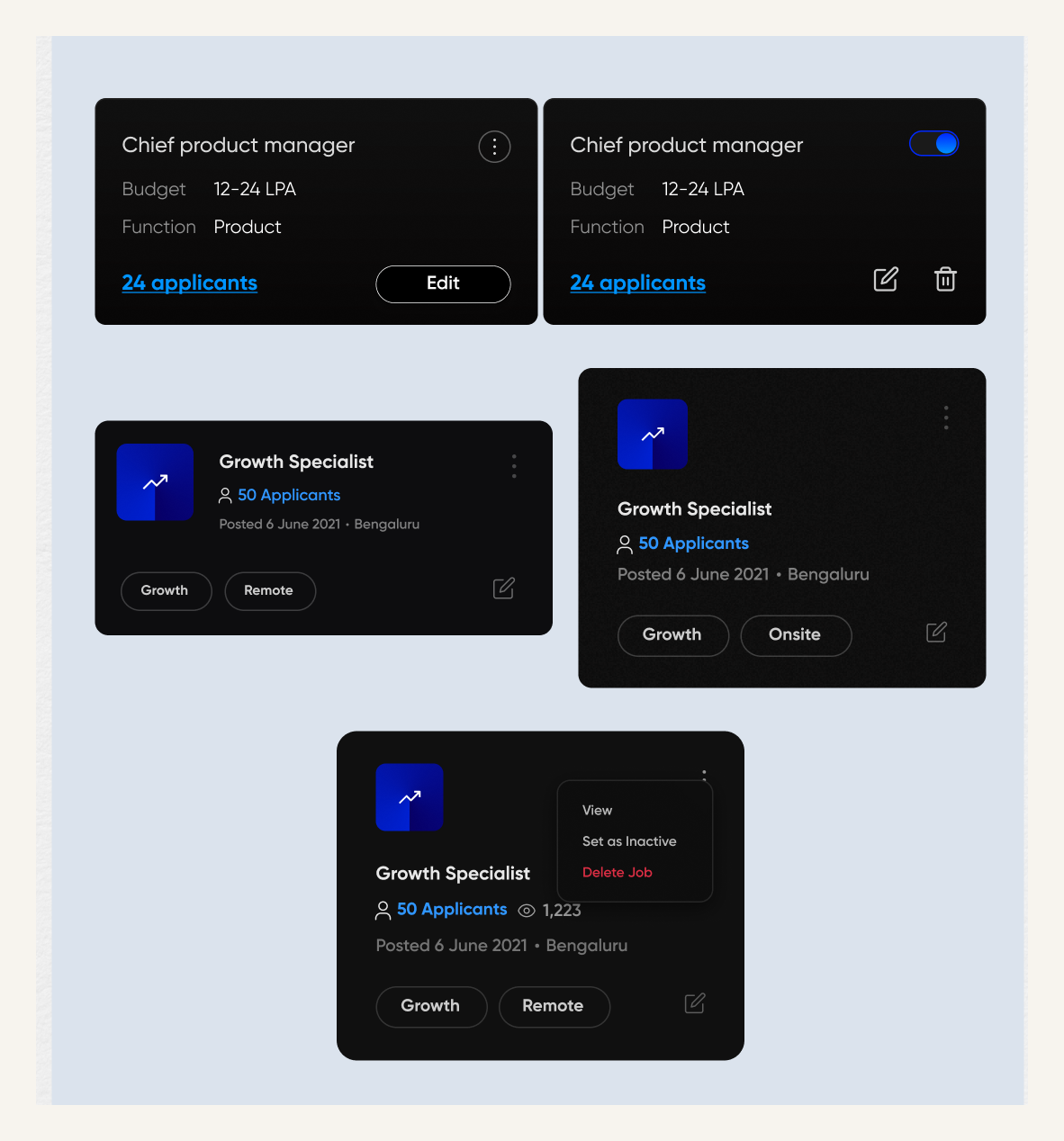 Iterations of the dashboard job card converging on budget, function and applicant count