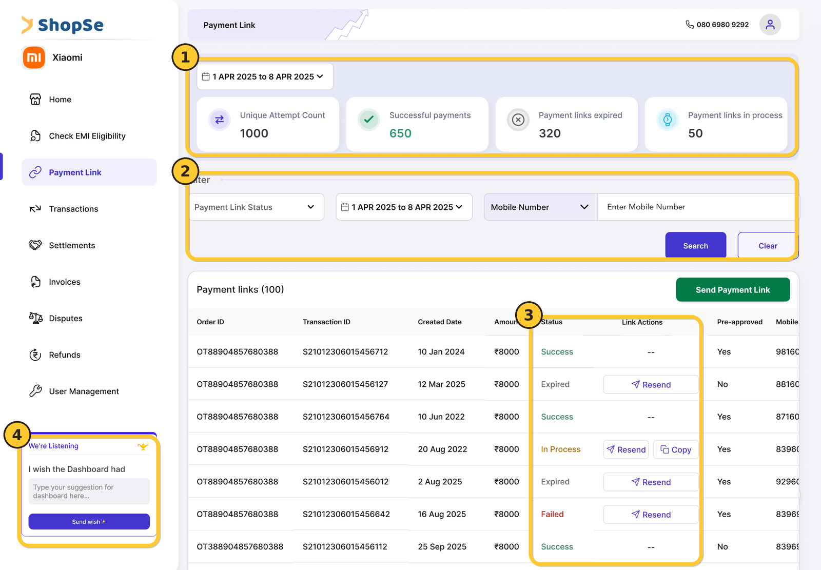 Payment Link module with annotations: date-scoped pipeline stats, filters, in-row actions, and the We're Listening feedback widget