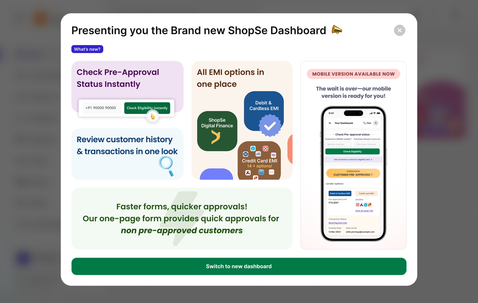 V2 launch announcement inside the dashboard listing the new capabilities, with the mobile version preview