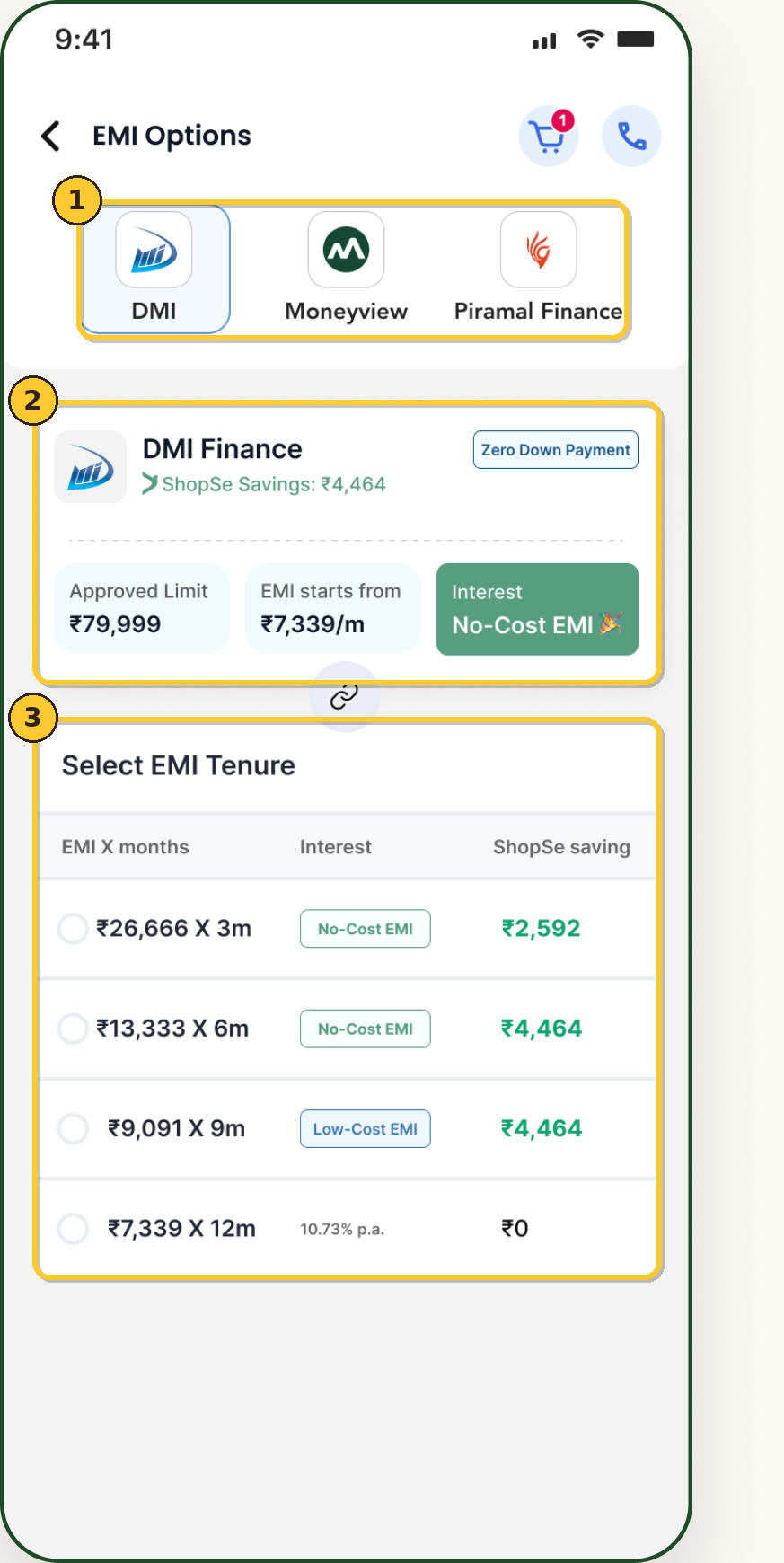 EMI comparison screen with three annotated decisions: side-by-side lenders, total cost upfront, tenure toggles