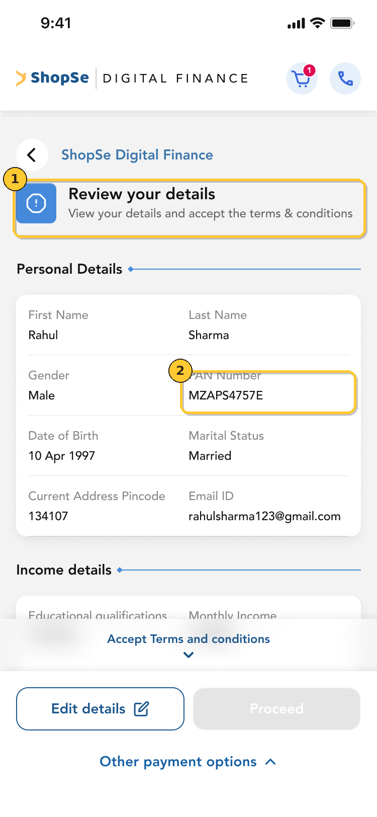 Review Details checkpoint screen with annotations on the review header and PAN field