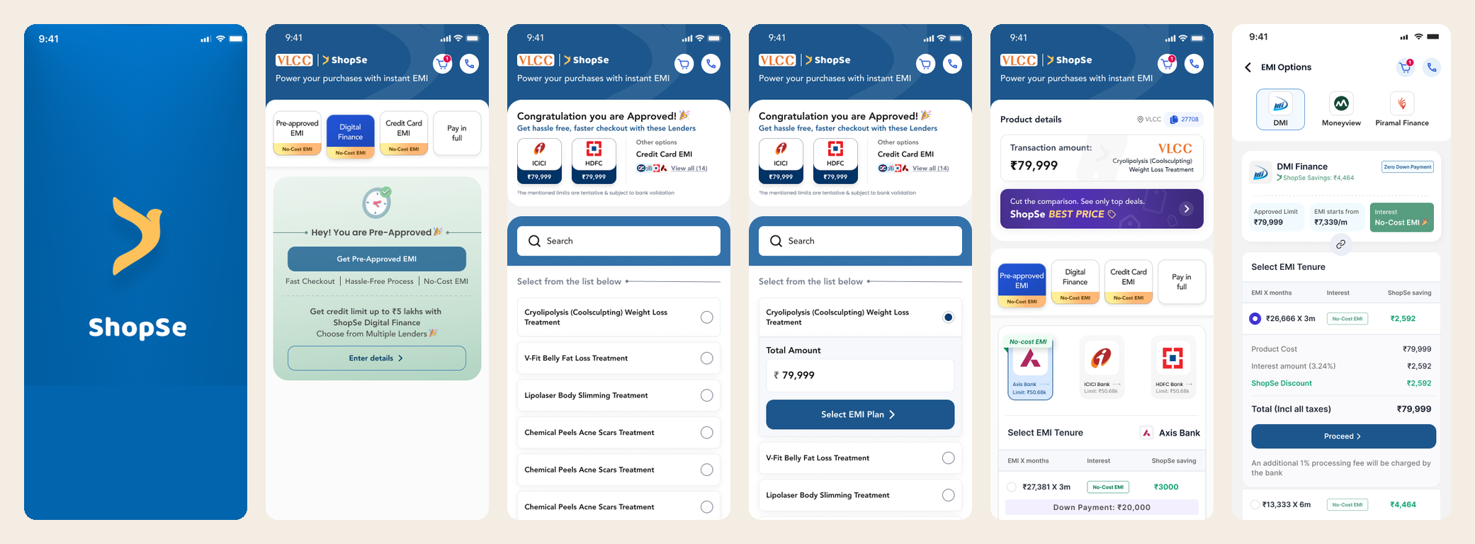 Screens 1 to 6: splash, pre-approved welcome, approval with search, plan selection, product details, EMI tenure options