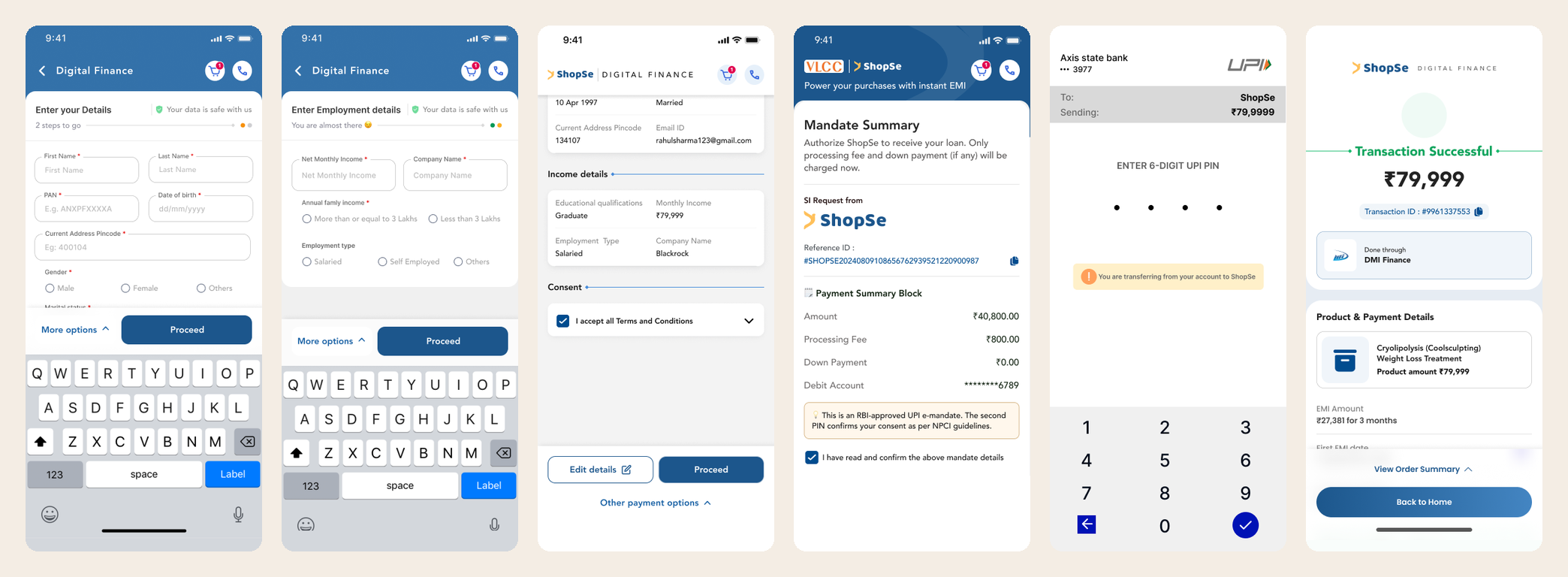Screens 7 to 12: personal details, employment, review checkpoint, mandate summary, UPI PIN, success receipt