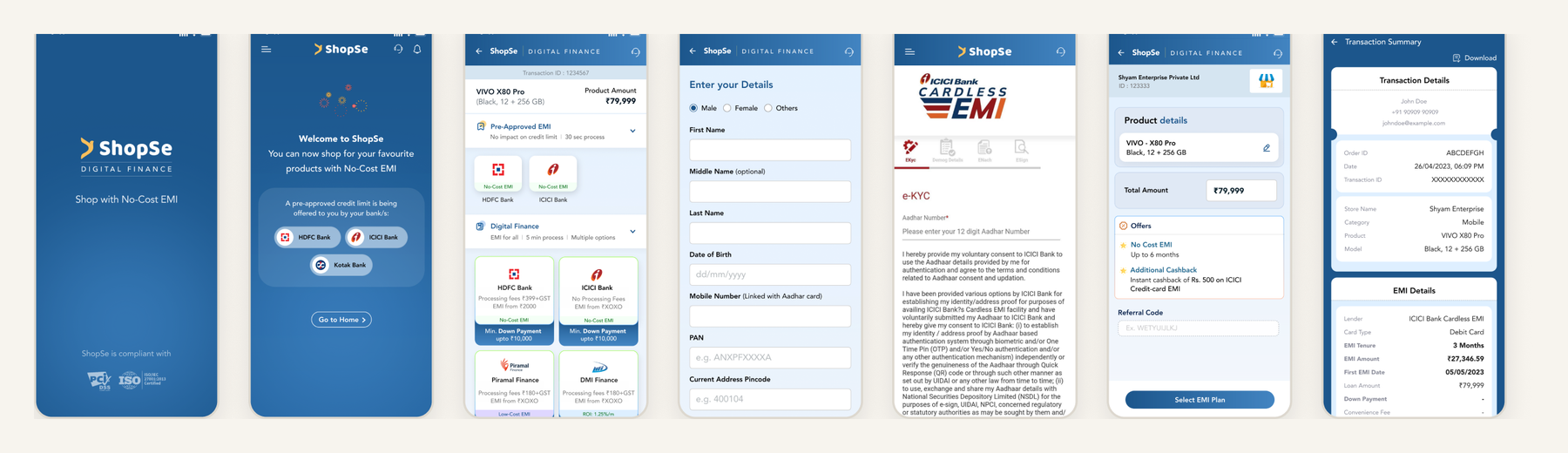 Seven representative screens from the original 25-screen ShopSe checkout flow