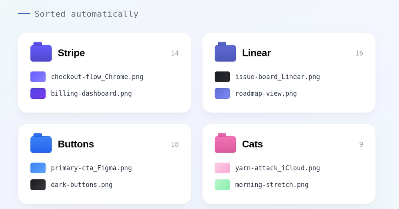 Folders created by the classifier: Stripe and Linear named after visible brands, Buttons and Cats named by content type