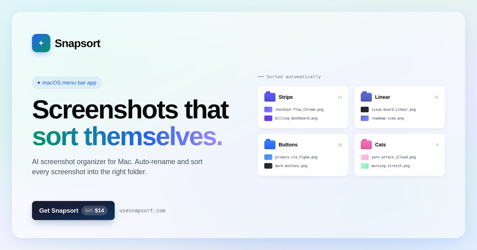 Snapsort landing page: screenshots that sort themselves, with folders auto-grouped by brand and type